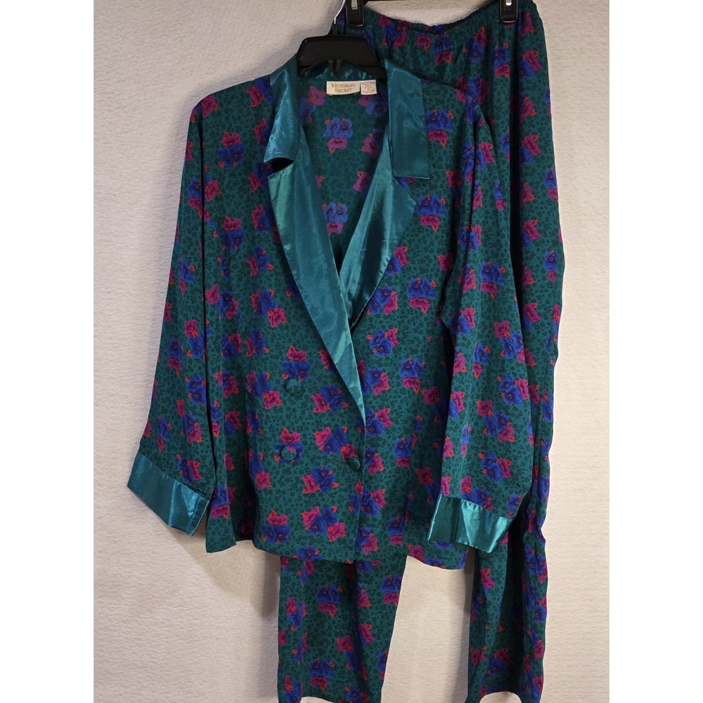 VTG Victoria's Secret Gold Label M Green/Purple Floral Satin Pajama Set Medium